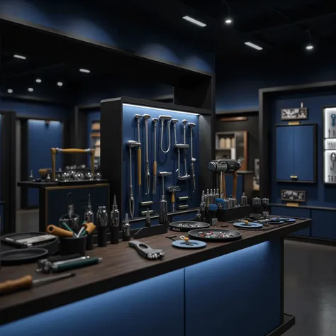 /imagine prompt: A high-end tool shop with an elegant display of home tools, including hammers and screwdrivers, all in a blue and graphite color scheme. The interior is sleek and well-lit, with modern wooden accents and LED lighting creating a sophisticat...