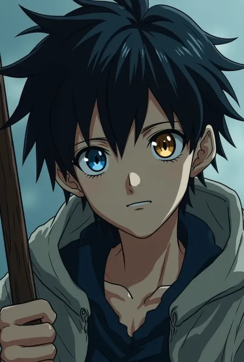 Close-up of a teenage boy (KAITO, 16) with messy black hair and mismatched eyes (one blue, one gold). He wears a tattered cloak and carries a wooden staff. His expression is wary.*  
**Kaito** (thinking): *"Another nightmare… Why do these visions haunt me?...