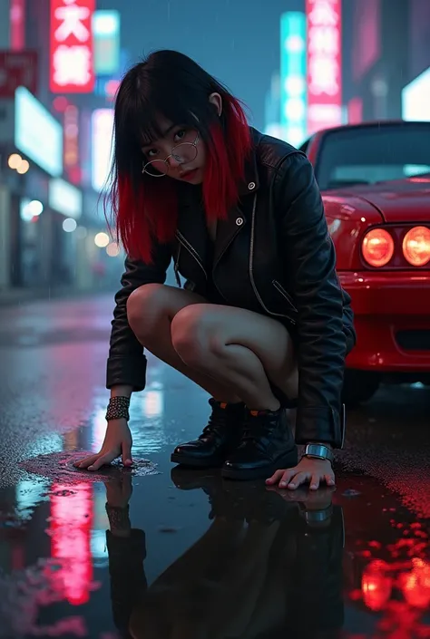 A crouched girl reflected in a puddle. The puddle is vaguely reflecting the surrounding neon signs. The red car sports car  with a melancholy expression on her face and her gaze looking slightly downward. In a cyberpunk worldview, the background is lined w...