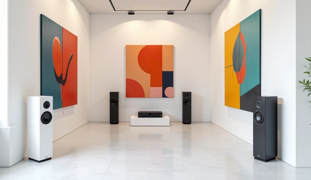 8K ultra photorealistic image. 

Art Gallery with Abstract Paintings**:  
   **Scene Description**:  
   The hifi system is placed in a minimalist art gallery, surrounded by large abstract paintings in bold colors and geometric shapes.  

   **Hifi System ...