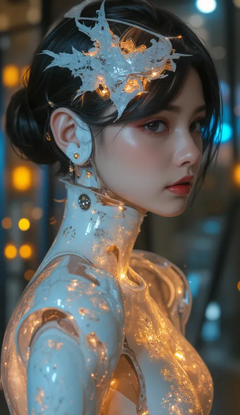 Portrait of a Japanese female android in her mid-20s made of white and silver clear glass and plastic, Geisha Makeup, Black hairstyle , Silver and gold metal internals, Dynamic Poses, flowing organic construction , Detailed engraving, Lace knitting desi...