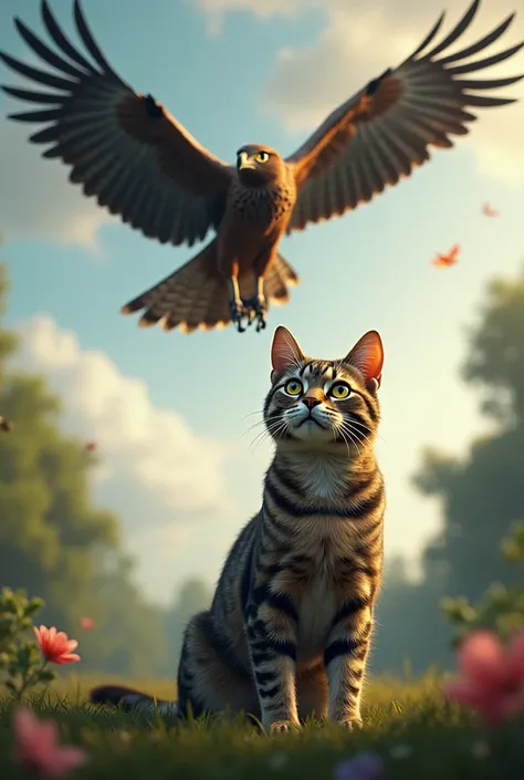 create a picture of a cat below and a hawk flying on top of it 