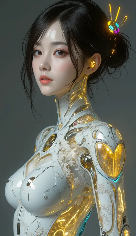  Portrait of a Japanese female android in her mid-20s made of white and silver clear glass and plastic, Geisha Makeup, Black hairstyle , Silver and gold metal internals,  Dynamic Poses,  flowing organic construction , Detailed engraving, Lace knitting desi...