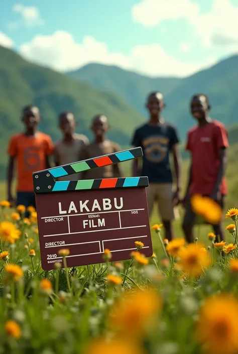 Generate an image of a clapper board written LAKABU FILM THE DIRECTOR IS KENYAN TRAPPER AND ITS THE FIRST SCENE WITH THE BACKGROUND HAVING KENYAN BOYS