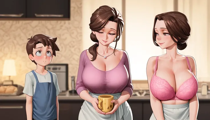  masterpiece, The best quality  amazing quality,   mature woman, housewife,  brown hair, Ojos rojos, bun, nothing good, neckline,  Mother and daughter ,  soft light,  moonlit night , The best quality ,  big breasts, Pink bra, D Cup, shota