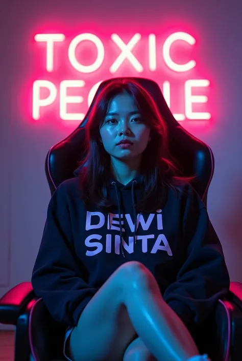  A beautiful asian girl sitting relaxing in a gaming chair wearing a hoodie with the inscription "DEWI SINTA"and SHORT JEANS black long hair , white sneakers.  In the background there is the word  "TOXIC PEOPLE"  of transparent glass marble with neon effec...