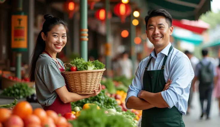 In a vibrant traditional market bustling with activity, a young asian female vegetable vendor stands confidently at her colorful stall, filled with fresh produce and essential groceries. She beams with a bright smile, facing the camera as she holds up a ba...