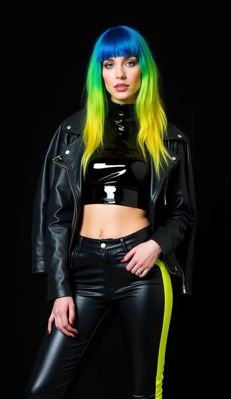 A woman with vibrant, multi-colored hair that transitions from blue to green to yellow. She is wearing a shiny, black, high-neck crop top paired with black leather pants that have a bright yellow stripe down the side. The woman is also draped in a black le...