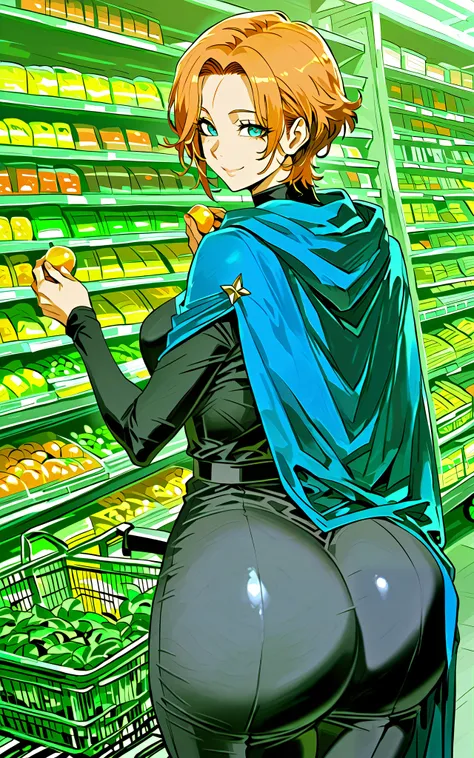 score_9, score_8_up, score_7_up, source_anime, sypha, short hair, blue eyes, orange hair,, cape, blue cape,, grocery store, shopping cart, picking fruits, everyday life, , smile, looking at viewer, arm flexed showing sexy butt, solo,, cowboy shot, dutch an...