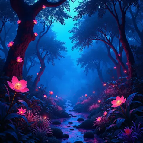 A mystical jungle under a twilight sky, where vibrant blue and pink hues dominate the landscape. The trees are draped in neon vines that glow softly in shades of cerulean and magenta. Exotic flowers bloom in stunning pinks and blues, and bioluminescent cre...