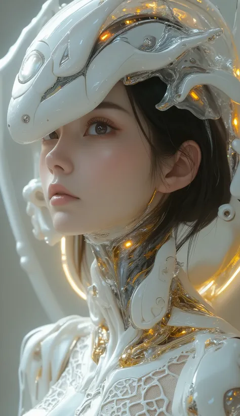  Portrait of a Japanese female android in her mid-20s made of white and silver clear glass and plastic, ((Geisha Makeup)), Black hairstyle , Silver and gold metal internals,  Dynamic Poses,  flowing organic construction , Detailed engraving, Lace knitting ...