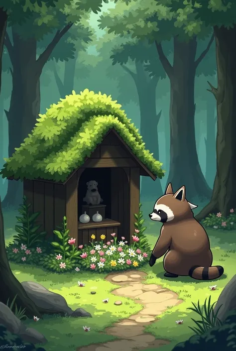 Present day. Kaito kneels beside a moss-covered shrine in the forest, placing wildflowers on it. A fat, talking raccoon dog (TARO) waddles into frame, munching on a rice ball.*  
**Taro**: "Mornin’, gloom-boy! Still talking to ghosts?"  
**Kaito** (ignorin...