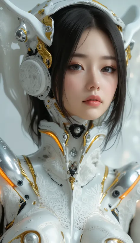 Portrait of a Japanese female android in her mid-20s made of white and silver clear glass and plastic, ((Geisha Makeup)), Black hairstyle , Silver and gold metal internals, Dynamic Poses, flowing organic construction , Detailed engraving, Lace knitting ...