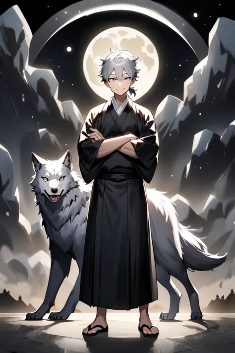 A man, short hair, short ponytail, silver hair, silver eyes, silver and black kimono, black sandals, arms crossed, Smile, moon behind him, wolf, silver fur