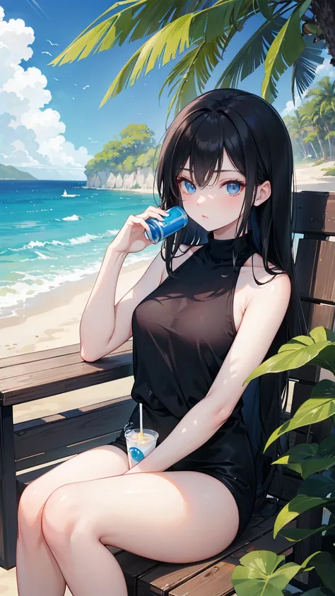  long black straight hair, swimsuit,  blue eyes ， Holding a soda , Relaxation posture, sit, review, HEALTHY SKIN , Outdoor scenery, Blue sky, Bright natural lighting ,  and the sun shines in from the top left, Warm and soft atmosphere, Side Angle, Moderate...