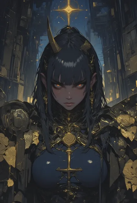 close-up, black girl, black demon, oni horn, horn, tears, evil smile, gold rose, gothic armor, huge breasts, upper body, inside dark castle,