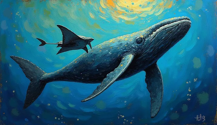 An image of a stingray and a whale in a prominent composition under a brightly colored sea, styled like Van Gogh, to be used as a background