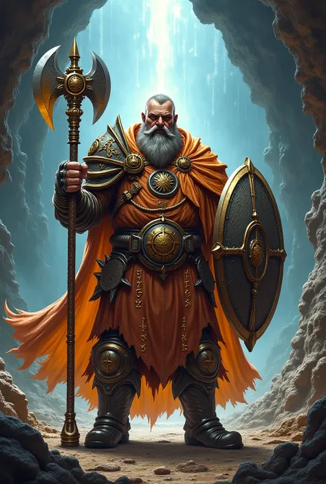 dwarf priest of light with an axe, a shield and the background in a mine