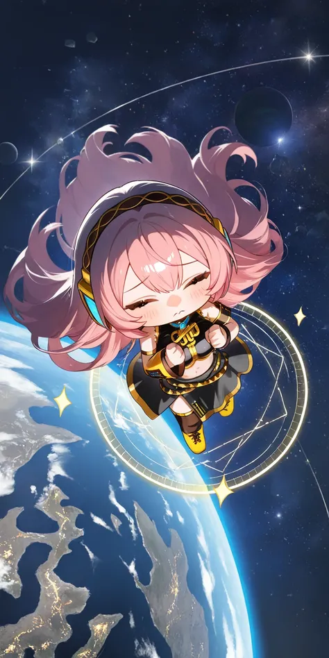 (solo:1.3),1girl\((Megurine Luka\(vocaloid\)) turning around continuously, cute, kawaii,(chibi:1.25),sad, eyes closed, (arms (horizontally:1.3) open wide:1.2), clenched fist, fine long hair, black short sleeveless shirts, stomach shown,abs,black long high ...