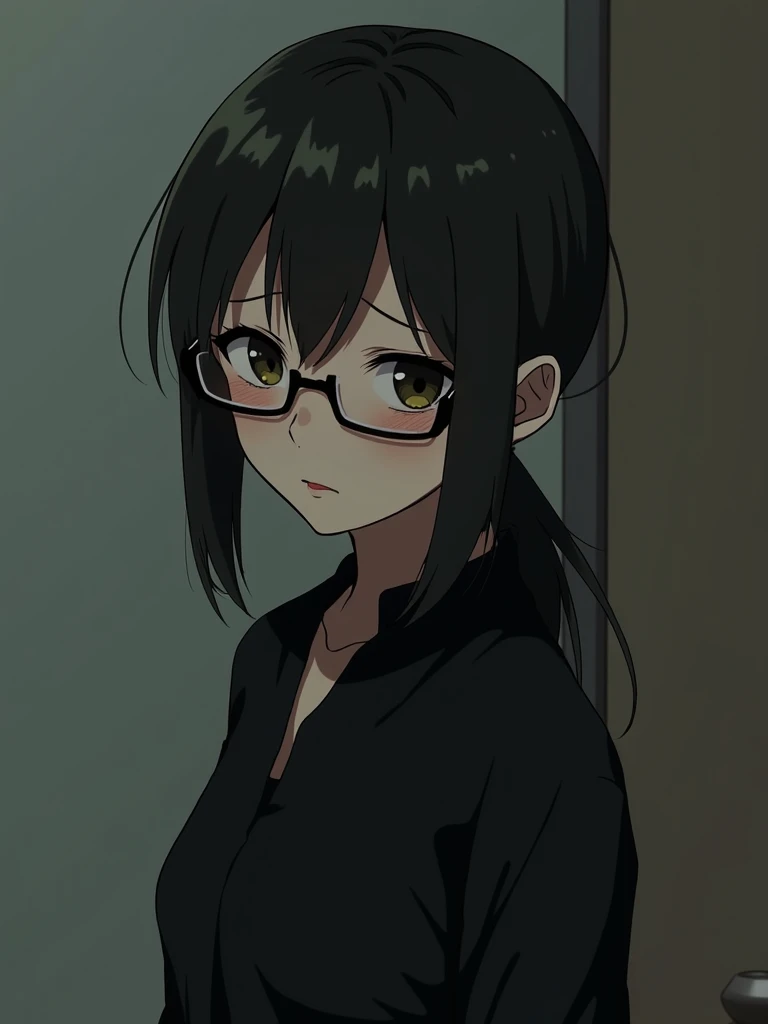  The  wearing black clothes and glasses  ponytail  small breasts Japanese girl be embarrassed 