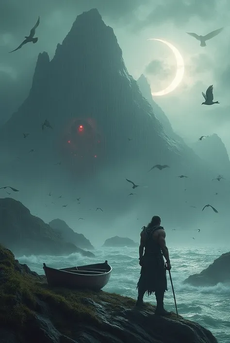 In the foreground a man with a boat on a rock, second a mountain in full rain with a crescent moon and in the background a red monster behind clouds with birds flying  