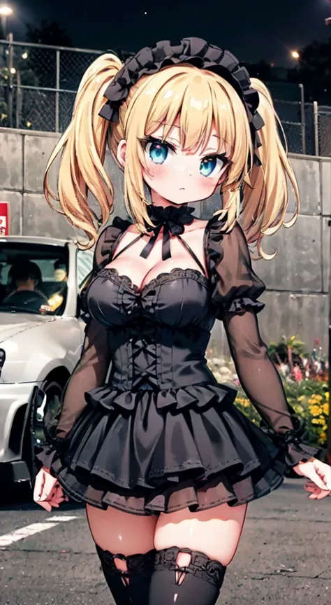 masterpiece, Highest quality, (anime screencap:1.3),(shape), cute,(Simple:1), (anime:1.2),Solo Sharp Focus, 1 Girl, Cleavage,night,((car,Nissan Skyline GT-R type R34, animestyle1.3))（Starlight,Starry Sky 1.1）,blonde,((mini skirt)), Twin tails,summer ,((Bla...