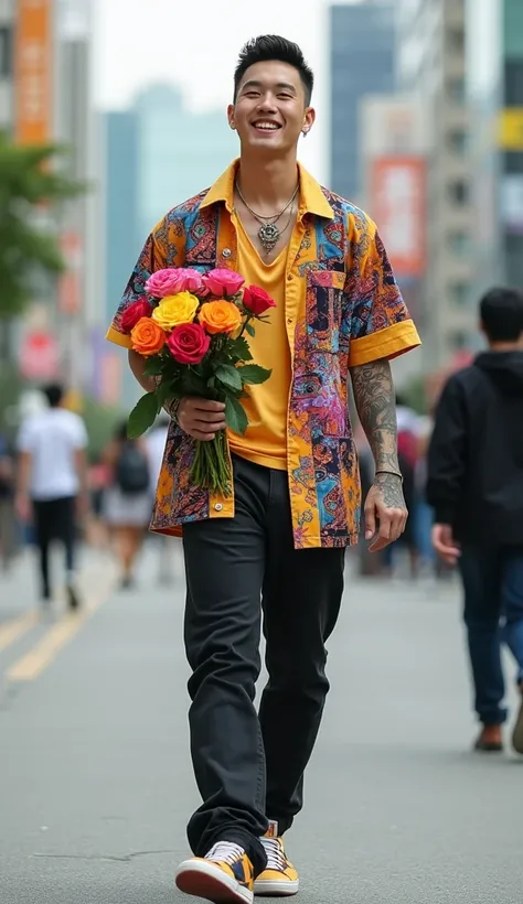  photography,A handsome Korean guy smiling in front of the camera, short undercut hair , pearcing and necklace , bohemian casual t-shirt suit with dynamic colorful color mix,Black denim jeans ,jordan shoes, tattooed and fingers ,walking dynamically on the ...