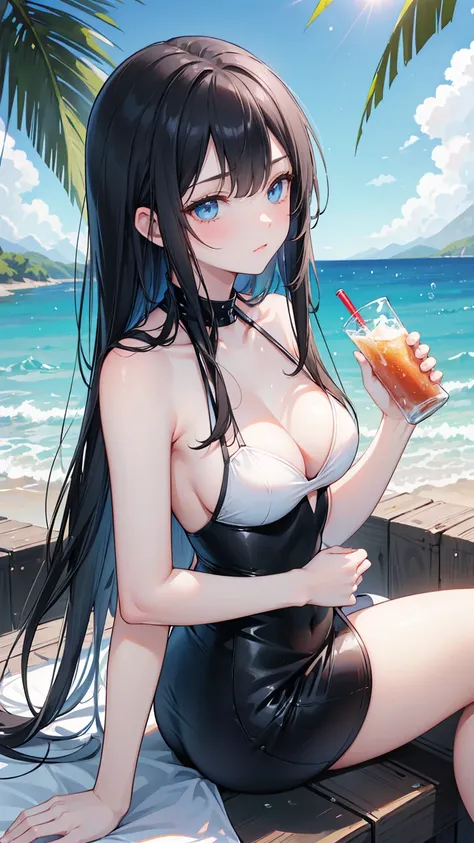  long black straight hair, swimsuit,  blue eyes ， Holding a soda , Relaxation posture, sit, review, HEALTHY SKIN , Outdoor scenery, Blue sky, Bright natural lighting ,  and the sun shines in from the top left, Warm and soft atmosphere, Side Angle, Moderate...