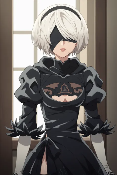 score_9, score_8_up, score_7_up, source_anime,
2b, 2b, yorha no. 2 type b, short hair, white hair, hairband, mole, black hairband, mole under mouth, blindfold, covered eyes, black blindfold,
gloves, long sleeves, dress, puffy sleeves, black dress, clothing...