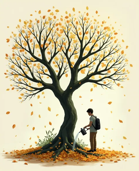 a tree with leaves falling off. You can see many leaves dried leaves on the ground. A gardener is watering  the tree. As the tree absorbs the feedback, new leaves begin to sprout