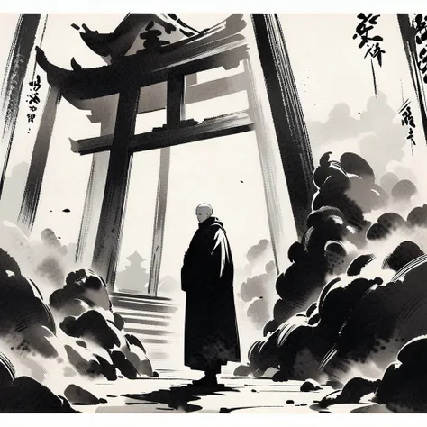  black and white,Ink painting,male,Pray with hands together,The Bald Monk ,Monk&#39;s robe,Zazen,Temple,（ best image quality that holds your feet, high resolution：1.2)