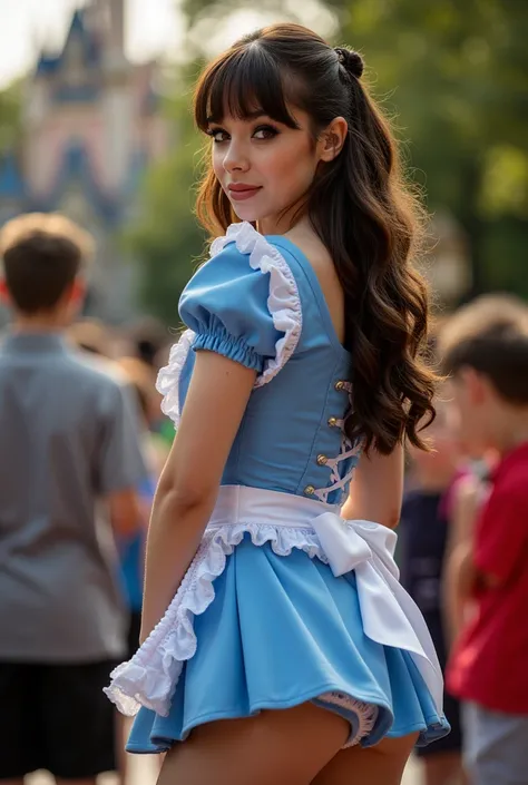 hailer steinfeld with dark brown hair wearing an alice in wonderland costume, extremely short skirt exposing her bum cheeks, looking back at camera, side full body photograph, at disneyland, fujifilm xt3 camera, high quality, detailed, photorealistic, mast...