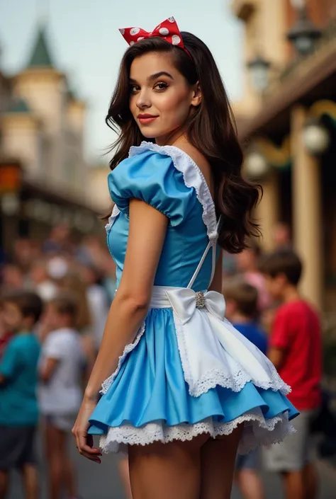 hailer steinfeld with dark brown hair wearing an alice in wonderland costume, extremely short skirt exposing her bum cheeks, looking back at camera, side full body photograph, at disneyland, fujifilm xt3 camera, high quality, detailed, photorealistic, mast...