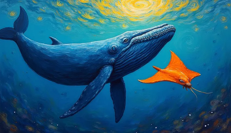 An image of a blue whale and a orange stingray in a prominent composition under a brightly colored sea, styled like Van Gogh, to be used as a background.