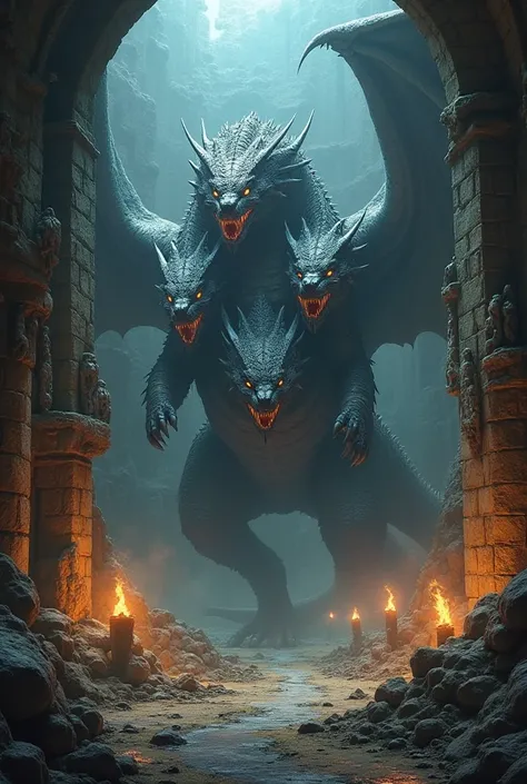 Make a giant dungeon with a three-headed dragon in it