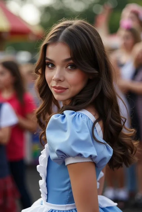 hailer steinfeld with dark brown hair wearing an alice in wonderland costume, extremely short skirt exposing her bum cheeks, looking back at camera, side full body photograph, at disneyland, fujifilm xt3 camera, high quality, detailed, photorealistic, mast...