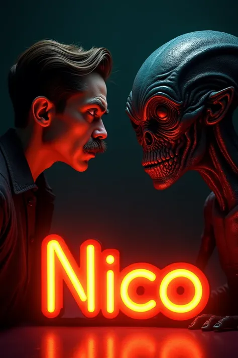 un homme de petite taille là petite moustache brune regard mauvais fait face à un alien. la scène se déroule sur un fond noir en dessous d'un neon écris Nico en lettre fluo orange