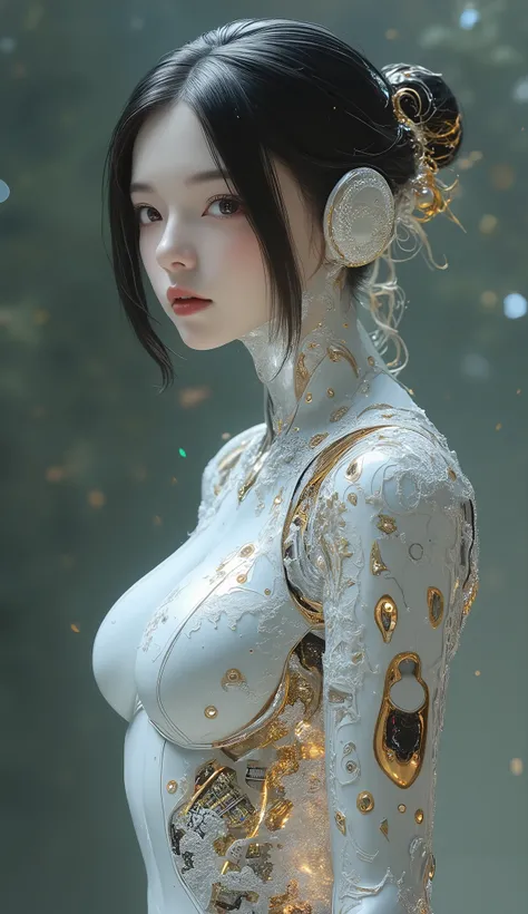  Portrait of a Japanese female android in her mid-20s made of white and silver clear glass and plastic, ((Geisha Makeup)), Black hairstyle , Silver and gold metal internals,  Dynamic Poses,  flowing organic construction , Detailed engraving, Lace knitting ...