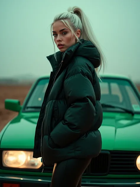 A woman very pretty white hair ponytail,  in black jacket and leather pants next to a car,   monster  girl,  bebe energia   monster  ,  energy monstruosa  ,   monster  ,   model USA jacket puffer  ,   cold as ice  ! 🧊, 🤬 🤮 💕 🎀,    monster  , Jacke Puffer, ...