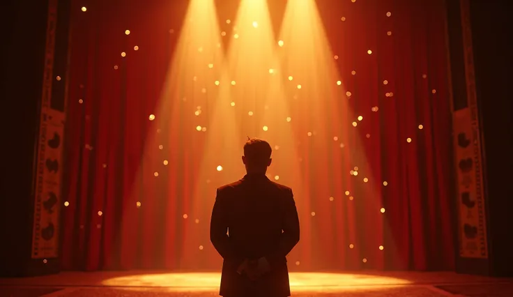 Dramatic cinematic background with bold golden Hollywood spotlight beams radiating from the top, deep crimson-red gradient backdrop, glowing film reel particles floating subtly, blurred vintage theater curtains on the sides, and a dynamic 3D clapperboard s...