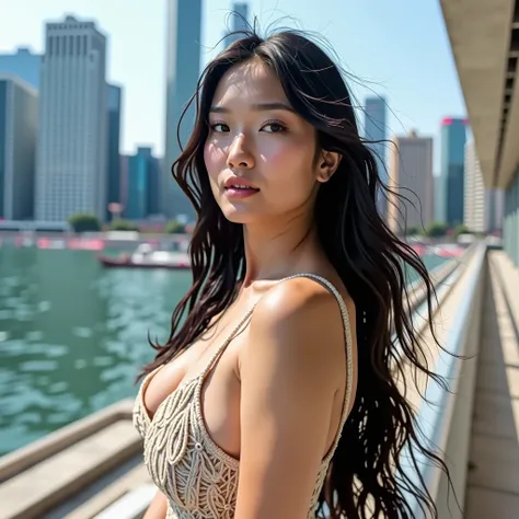 amateur instagram snapshot a asian hong kong looking at the camera, name is Sophia kim 21 years old, influencer and model, with city view, sunny day, wearing expensive clothes, without make up, natural nice breast, low-cut, big boobs,  big ass, big hips, n...