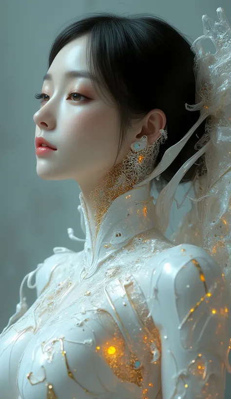  Portrait of a Japanese female android in her mid-20s made of white and silver clear glass and plastic, ((Geisha Makeup)), Black hairstyle , Silver and gold metal internals,  Dynamic Poses,  flowing organic construction , Detailed engraving, Lace knitting ...