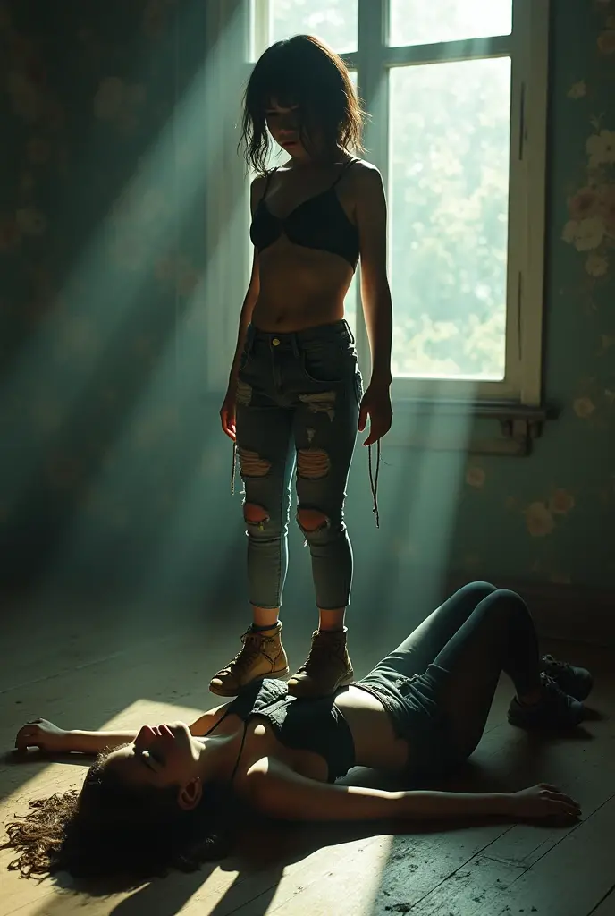  beautiful woman wearing jeans and pointy stiletto heels，Step on a rotten man's testicles，High heels are covered with blood 