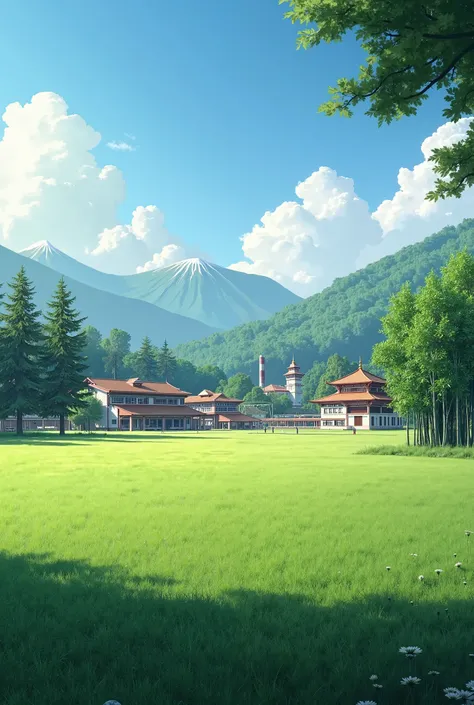 A large grassy field with a volleyball court on the side, a country school with two buildings behind, a Buddhist temple on the right, a large bamboo bush on the right, a factory behind the school, and five large pine trees on the left of the school