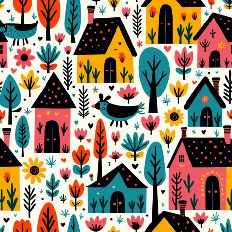 "  Illustrate a pattern with stylized scenes of Ukrainian villages inspired by Maria Prymachenko's playful style. Include whimsical houses  , animals, and plants,  all represented in strong neon colors with black outlines  .   Add folkloric geometric patte...