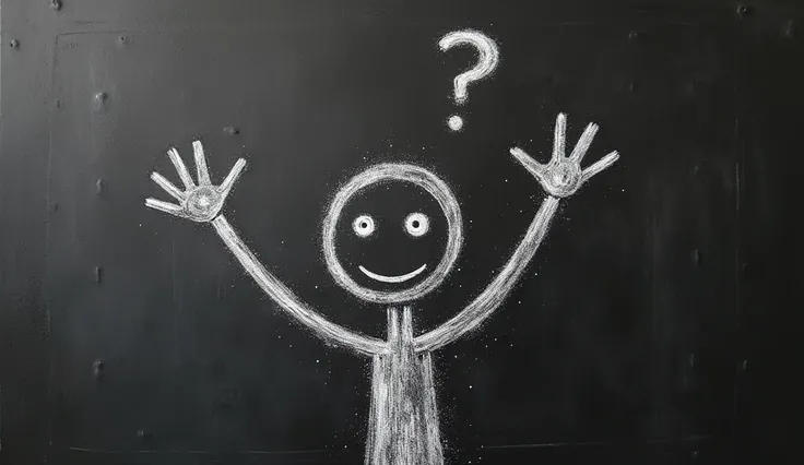 A hand-drawn chalk-style stick figure against a dark, grainy background. The figure has a neutral, slightly confused expression, with arms raised and palms facing upward in a 'what can I do?' gesture. The monochrome aesthetic enhances the simplistic yet ex...