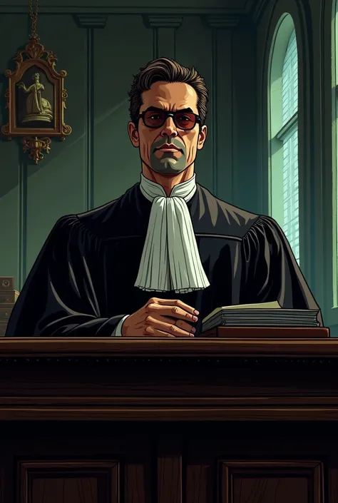 " Illustration in comic noir style with an elegant atmosphere tiles with an air of sophistication Illustration in comic noir style  " A detailed shot of the judge giving sentence . The courtroom is completely silent ,  while the judge has a serious and aut...