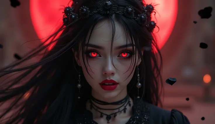 beautiful detailed red eyes, long dark eyelashes, pointed fangs, flowing black hair, elegant posture, pale skin, red lips, traditional Arabic dress, mysterious aura, moonlit night, shadows, delicate jewelry, ancient ruins, floating black rose petals, inten...