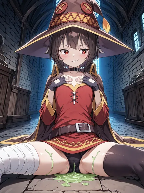 (Megumin,hands on her chest , looking to the viewer, smirk face, fire shape eyes, tight clothes, mage clothes), (slender, petite, flat chested), (clear sky, beautiful background), (stone dungeon room, light with torchs, low light, webs around, green sticky...