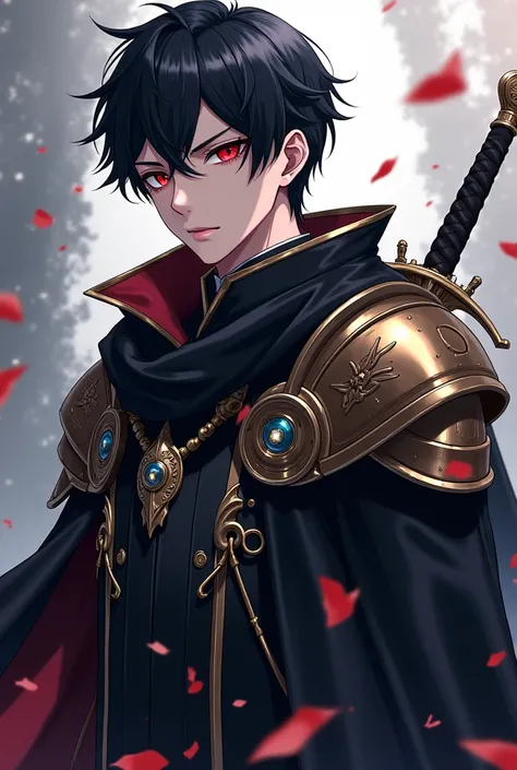 Cover of novel, anime style drawing. Create me as a handsome young man, black haired with red eyes, wearing armor only on the shoulders, wearing fantasy noble clothes with elegant amulets or accessories, draped over a black robe. A gray background with a w...